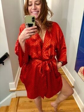 Vintage Jayre California Red Paisley Kimono Wrap Robe USA
